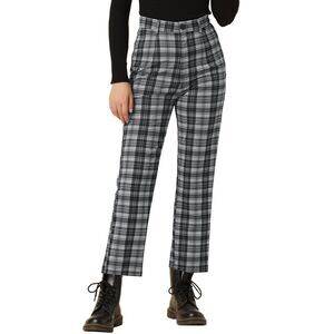 Plaid Cropped Trousers Button Casual Tartan Check Work Pants Black White